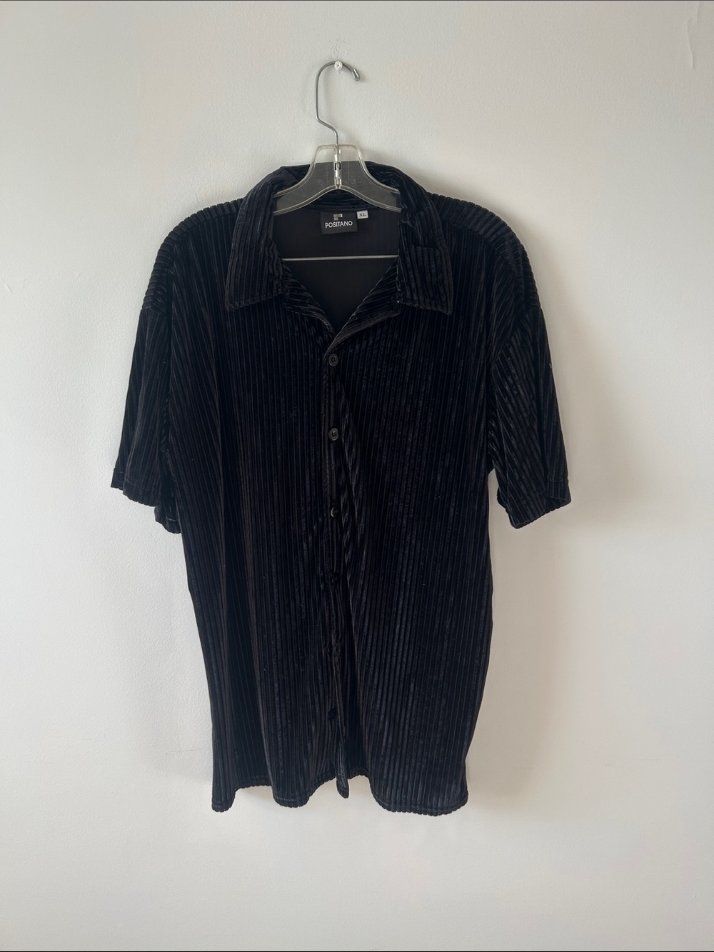 Black Ribbed Short-Sleeve Button-Up Shirt